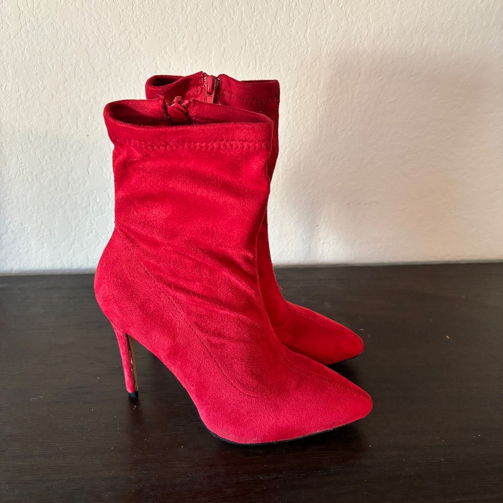 Anna Michelle Ankle Boots Hibiscus 6.5 Faux Suede Red Glam Sock Bootie